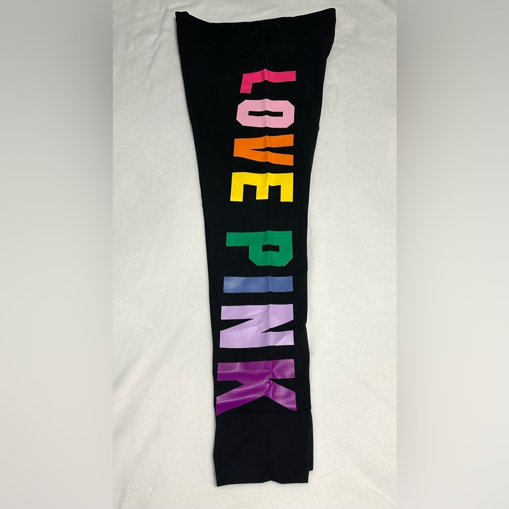 EUC Women PINK Victoria's Secret Black Leggings with Colorful Logo Size X Large